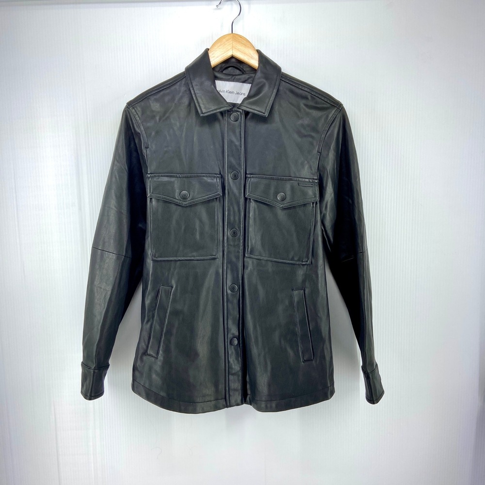 Calvin Klein Black Faux Leather Snap Front Shirt Jacket Shacket Womens XS